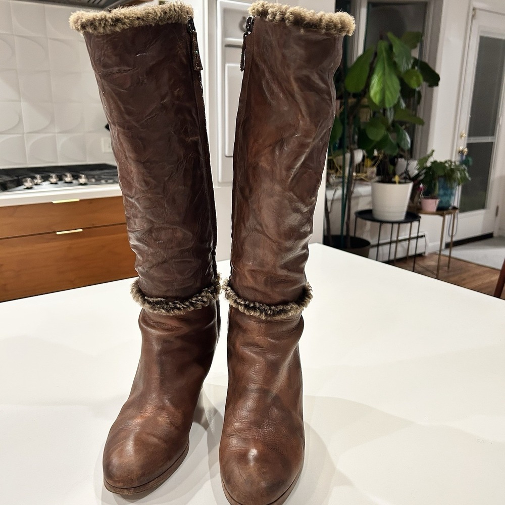 Henri Cuir Long Boots Rare Brown Leather Side Zip Fur Trim Wedge Heel Size 7 38